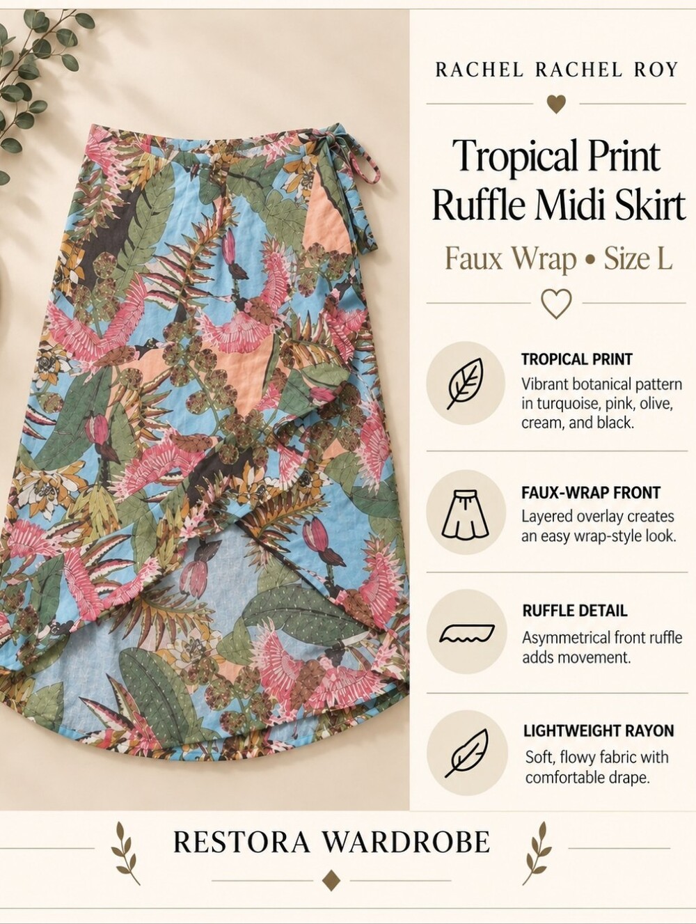 RACHEL Rachel Roy Midi Skirt Tropical Print Ruffle Faux Wrap Rayon L